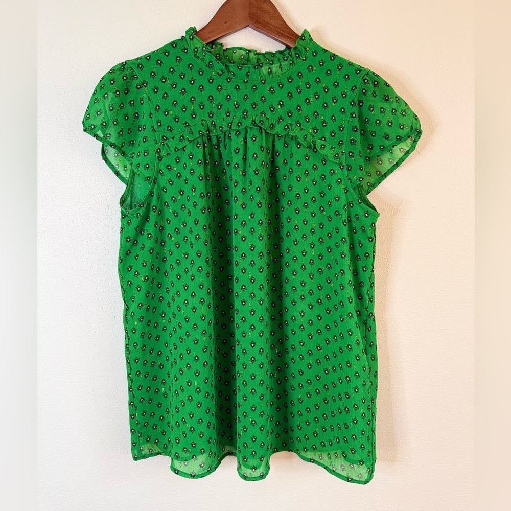 Carolina Belle Green Ruffle Neck Floral Blouse Top Size M